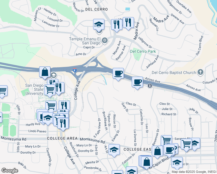 map of restaurants, bars, coffee shops, grocery stores, and more near 6363 Alvarado Court in San Diego