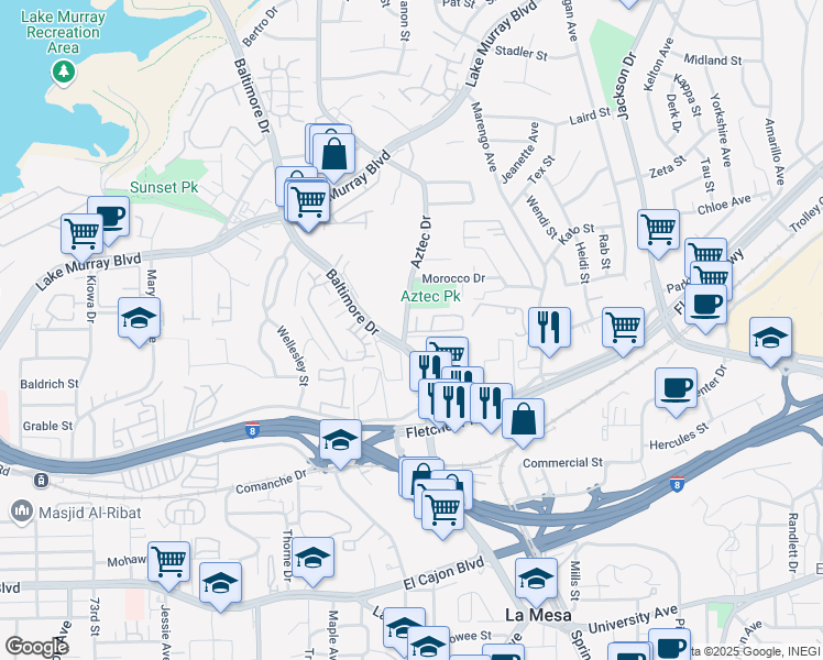 map of restaurants, bars, coffee shops, grocery stores, and more near in La Mesa