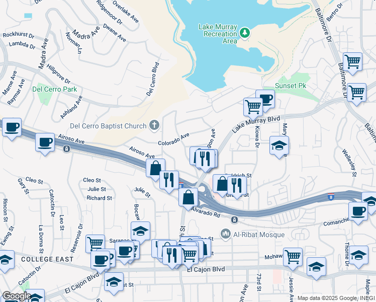 map of restaurants, bars, coffee shops, grocery stores, and more near 5448 Connecticut Avenue in La Mesa