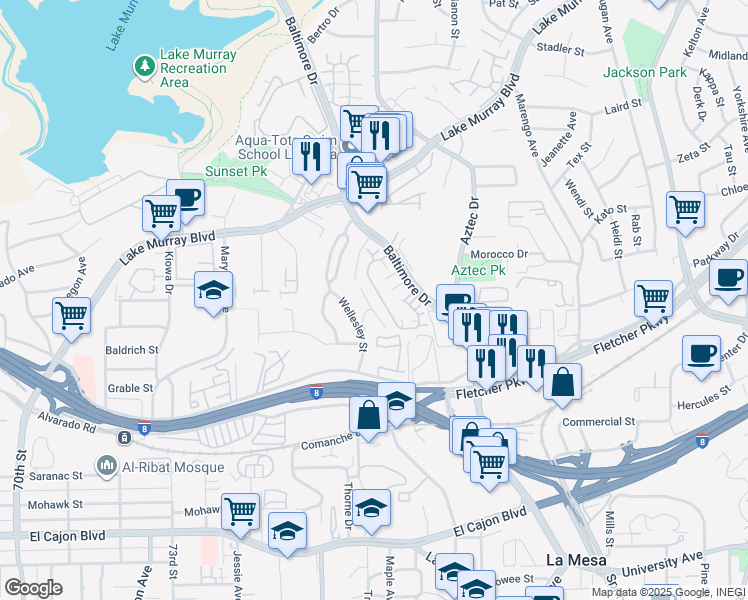 map of restaurants, bars, coffee shops, grocery stores, and more near 5440 Baltimore Drive in La Mesa