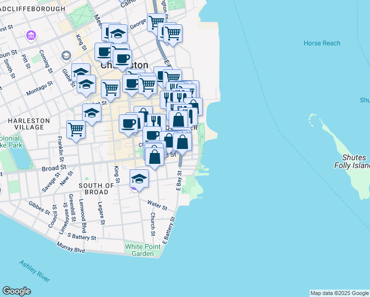 map of restaurants, bars, coffee shops, grocery stores, and more near 8 East Elliott Street in Charleston