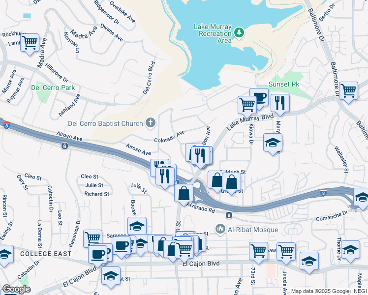 map of restaurants, bars, coffee shops, grocery stores, and more near 5448 Connecticut Avenue in La Mesa