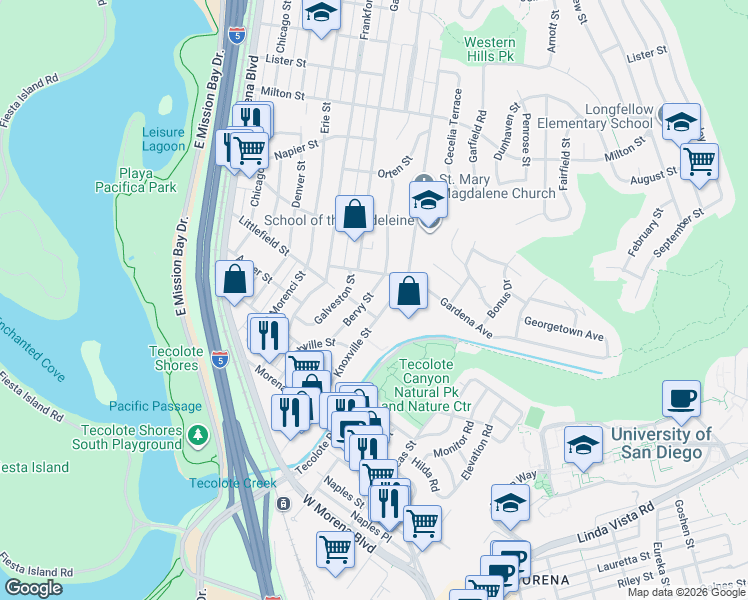 map of restaurants, bars, coffee shops, grocery stores, and more near 4848 Tecolote Road in San Diego
