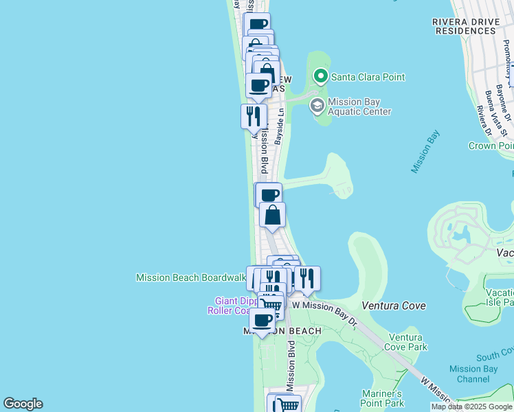 map of restaurants, bars, coffee shops, grocery stores, and more near 3417 Ocean Front Walk in San Diego