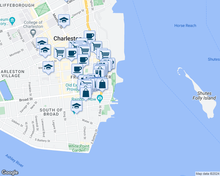 map of restaurants, bars, coffee shops, grocery stores, and more near 8 East Elliott Street in Charleston