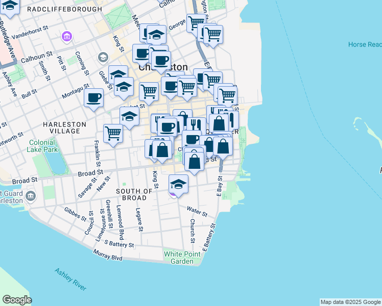 map of restaurants, bars, coffee shops, grocery stores, and more near 43 Broad Street in Charleston