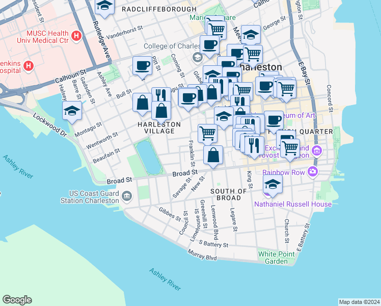 map of restaurants, bars, coffee shops, grocery stores, and more near in Charleston