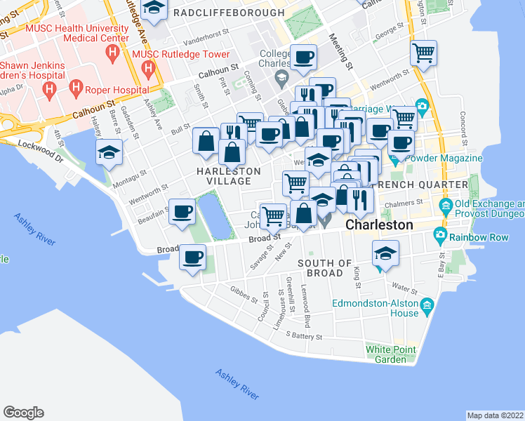 map of restaurants, bars, coffee shops, grocery stores, and more near in Charleston