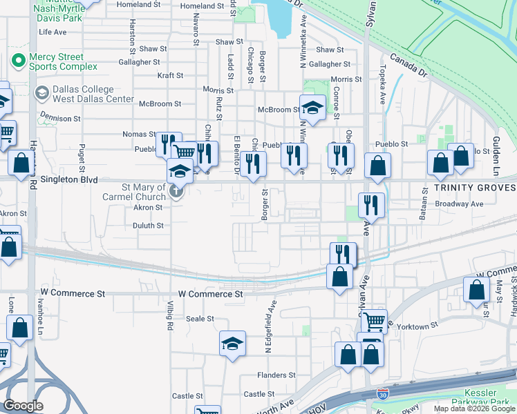 map of restaurants, bars, coffee shops, grocery stores, and more near 1314 Duluth Street in Dallas