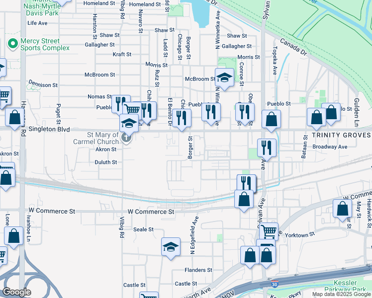 map of restaurants, bars, coffee shops, grocery stores, and more near 2901 Borger Street in Dallas
