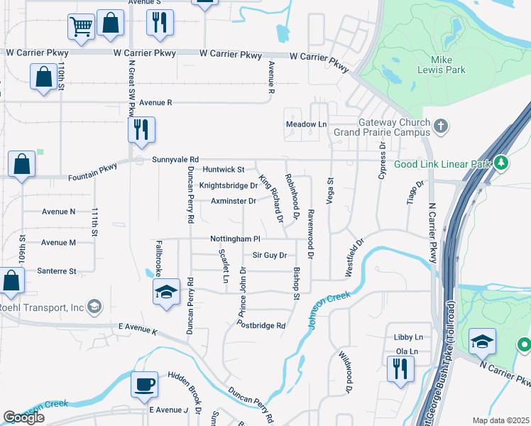 map of restaurants, bars, coffee shops, grocery stores, and more near 2306 Silver Horn Drive in Grand Prairie