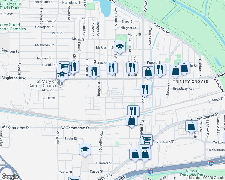 map of restaurants, bars, coffee shops, grocery stores, and more near 1141 Tea Olive Lane in Dallas