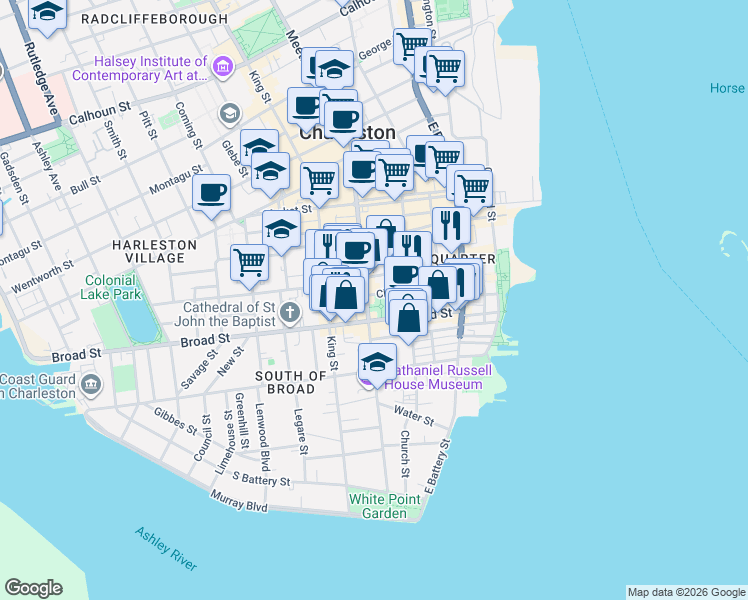map of restaurants, bars, coffee shops, grocery stores, and more near 100 Meeting Street in Charleston