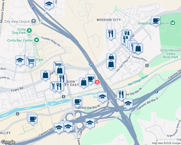 map of restaurants, bars, coffee shops, grocery stores, and more near 2275 Rio Bonito Way in San Diego