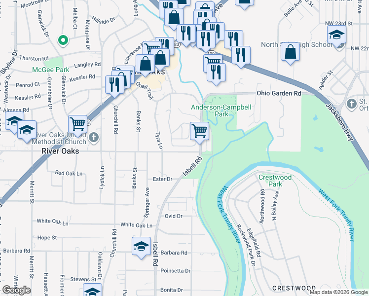 map of restaurants, bars, coffee shops, grocery stores, and more near 4335 Ichabod Crane Road in Fort Worth