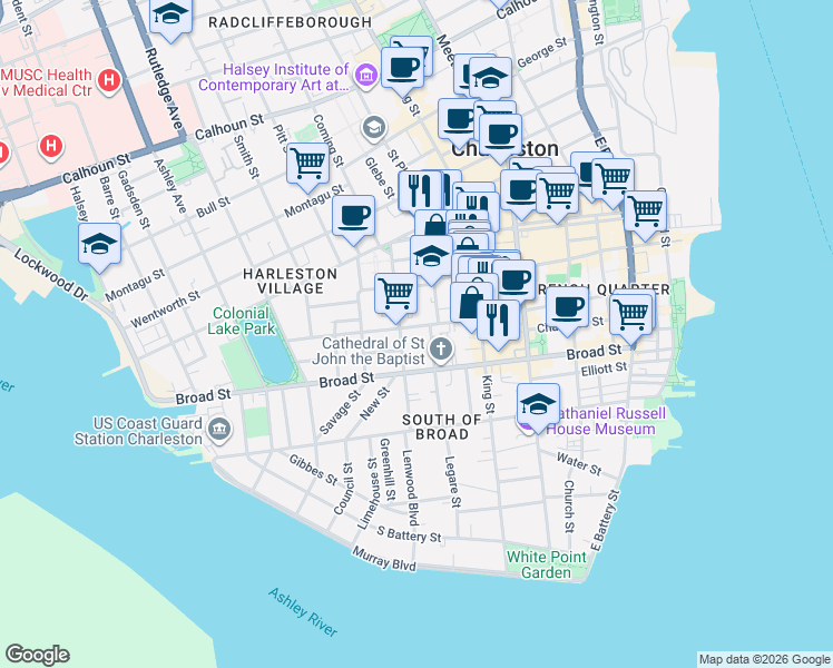 map of restaurants, bars, coffee shops, grocery stores, and more near 15 Archdale Street in Charleston