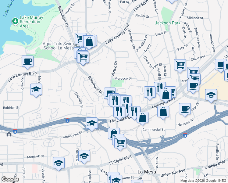 map of restaurants, bars, coffee shops, grocery stores, and more near 5359 Aztec Drive in La Mesa