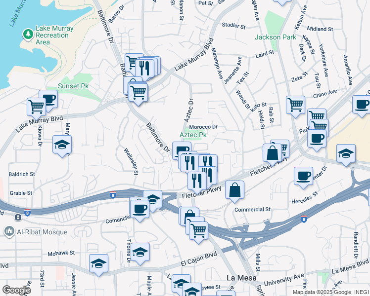map of restaurants, bars, coffee shops, grocery stores, and more near 5410 Aztec Drive in La Mesa