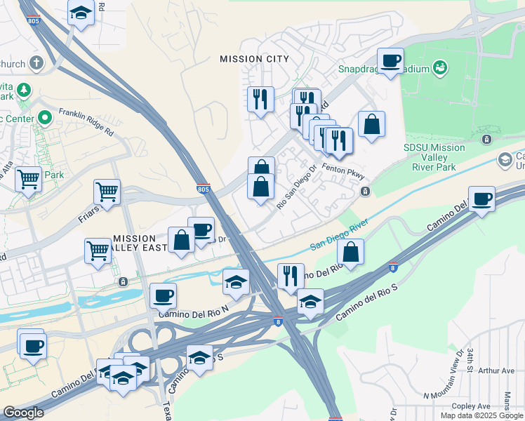 map of restaurants, bars, coffee shops, grocery stores, and more near 2210 River Run Drive in San Diego