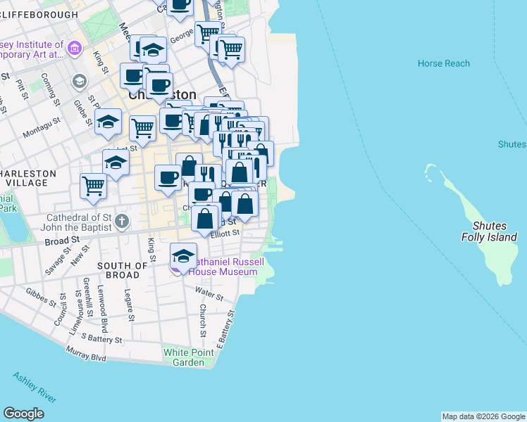 map of restaurants, bars, coffee shops, grocery stores, and more near 34 Prioleau Street in Charleston