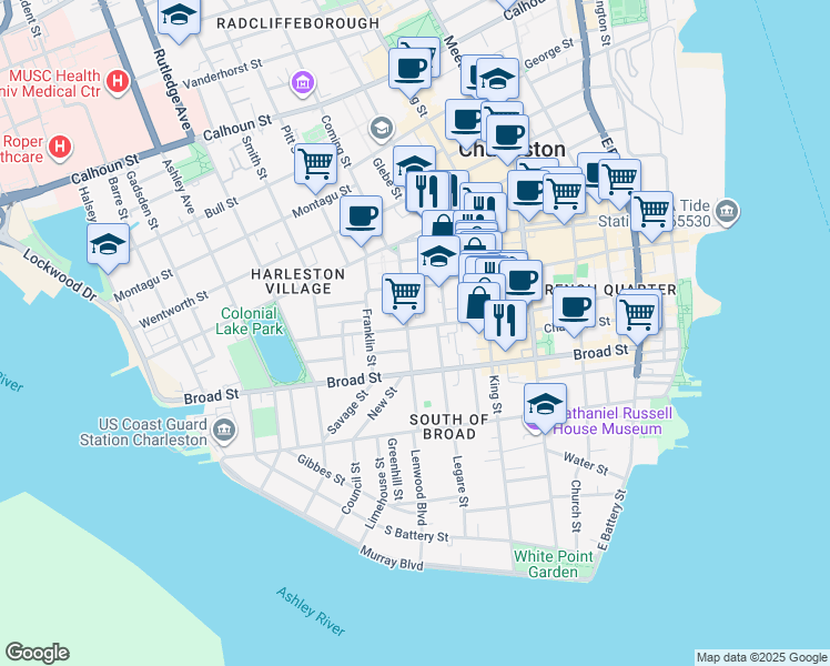 map of restaurants, bars, coffee shops, grocery stores, and more near 15 Archdale Street in Charleston
