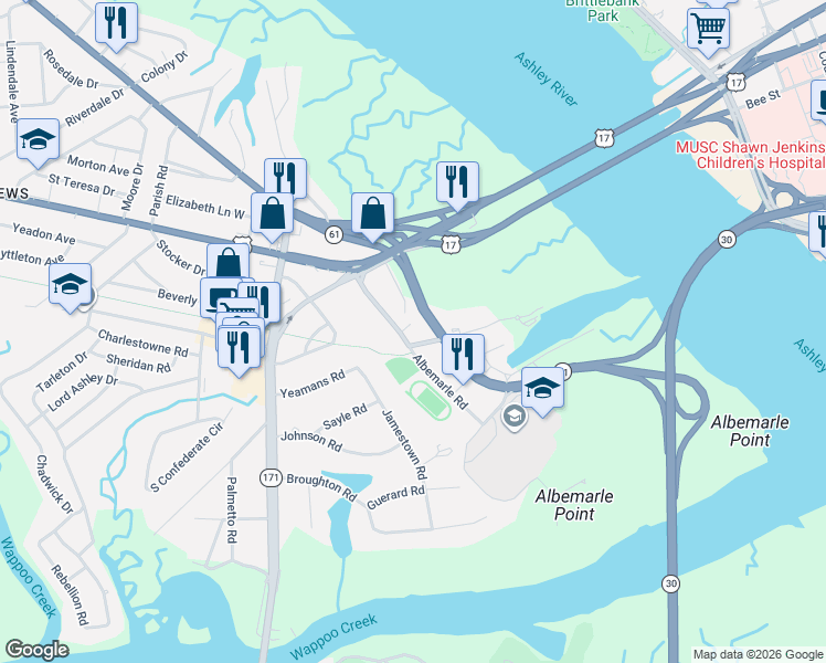 map of restaurants, bars, coffee shops, grocery stores, and more near 498 Albemarle Road in Charleston