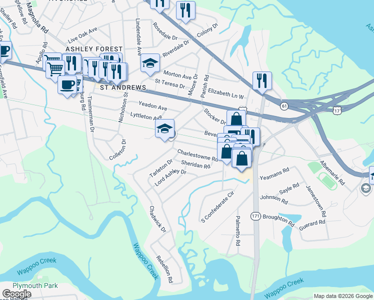 map of restaurants, bars, coffee shops, grocery stores, and more near 659 Windermere Boulevard in Charleston