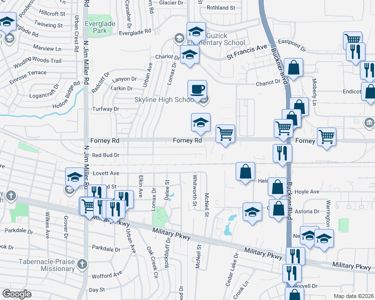 map of restaurants, bars, coffee shops, grocery stores, and more near 7538 Forney Road in Dallas