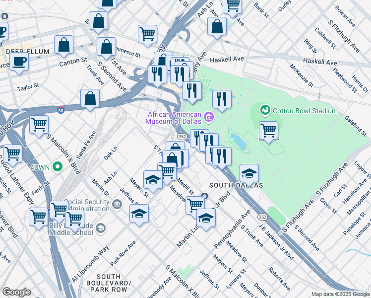 map of restaurants, bars, coffee shops, grocery stores, and more near 1103 J B Jackson Junior Boulevard in Dallas
