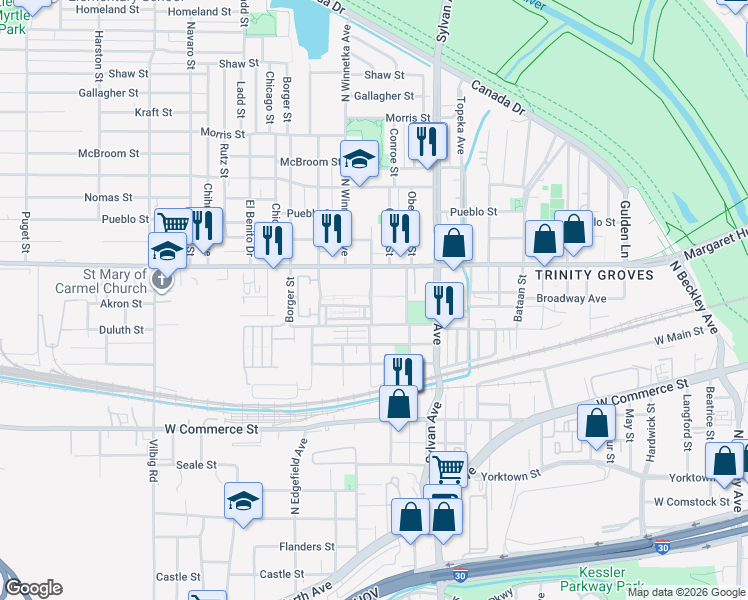 map of restaurants, bars, coffee shops, grocery stores, and more near 900 Singleton Boulevard in Dallas