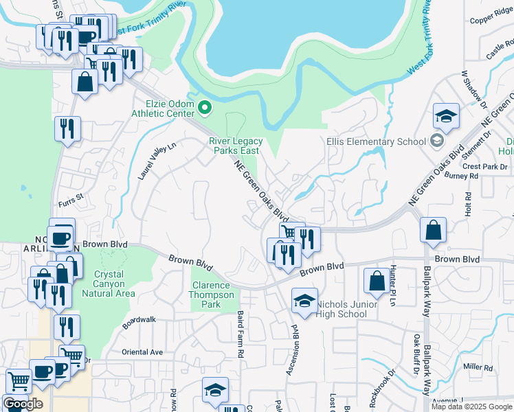 map of restaurants, bars, coffee shops, grocery stores, and more near 1654 Ascension Bluff Drive in Arlington