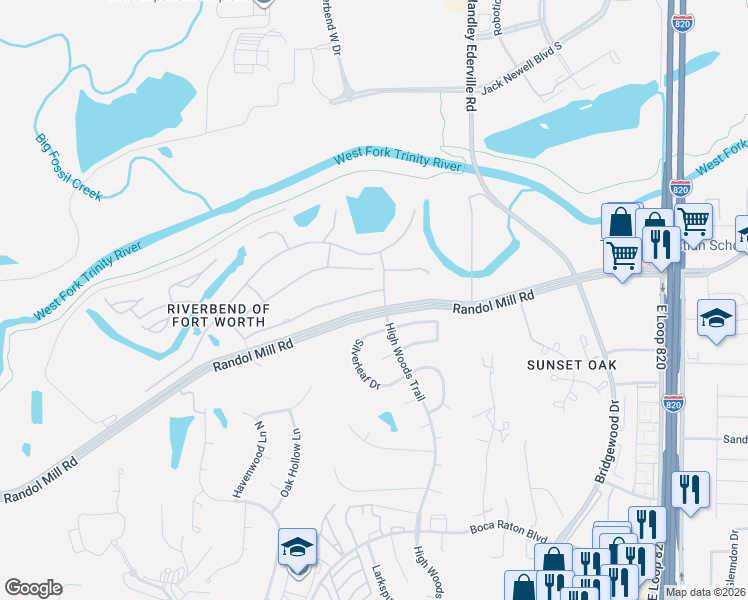 map of restaurants, bars, coffee shops, grocery stores, and more near 6132 Forest Lane in Fort Worth