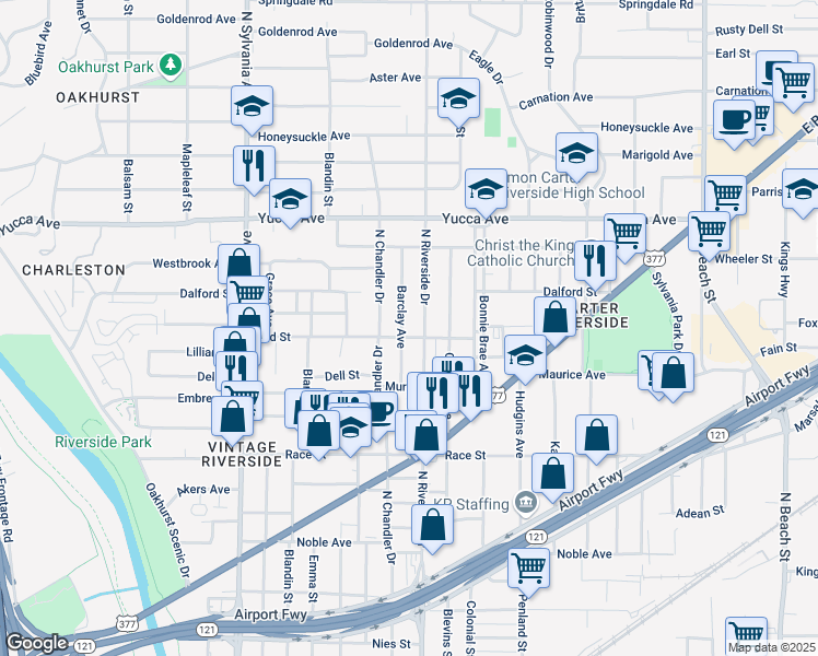 map of restaurants, bars, coffee shops, grocery stores, and more near 1021 North Riverside Drive in Fort Worth