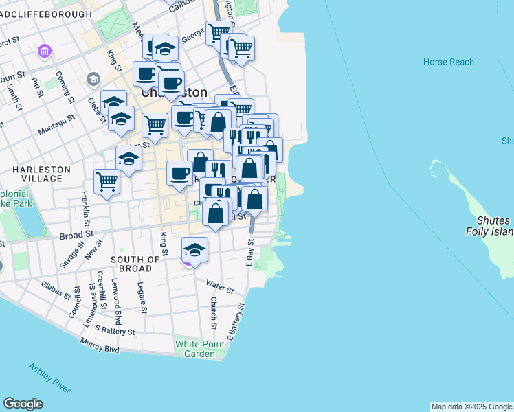 map of restaurants, bars, coffee shops, grocery stores, and more near 132 East Bay Street in Charleston