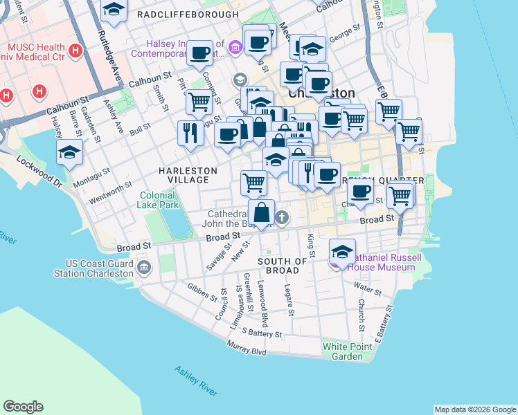 map of restaurants, bars, coffee shops, grocery stores, and more near 129 Queen Street in Charleston