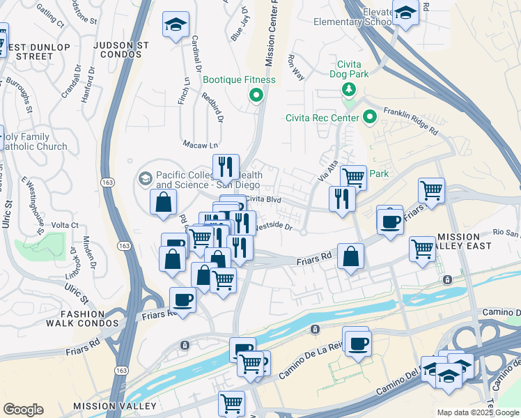 map of restaurants, bars, coffee shops, grocery stores, and more near 7780 Westside Drive in San Diego