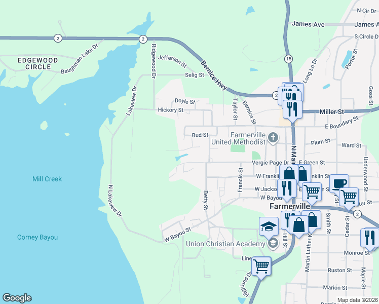 map of restaurants, bars, coffee shops, grocery stores, and more near 100-404 Oak Street in Farmerville