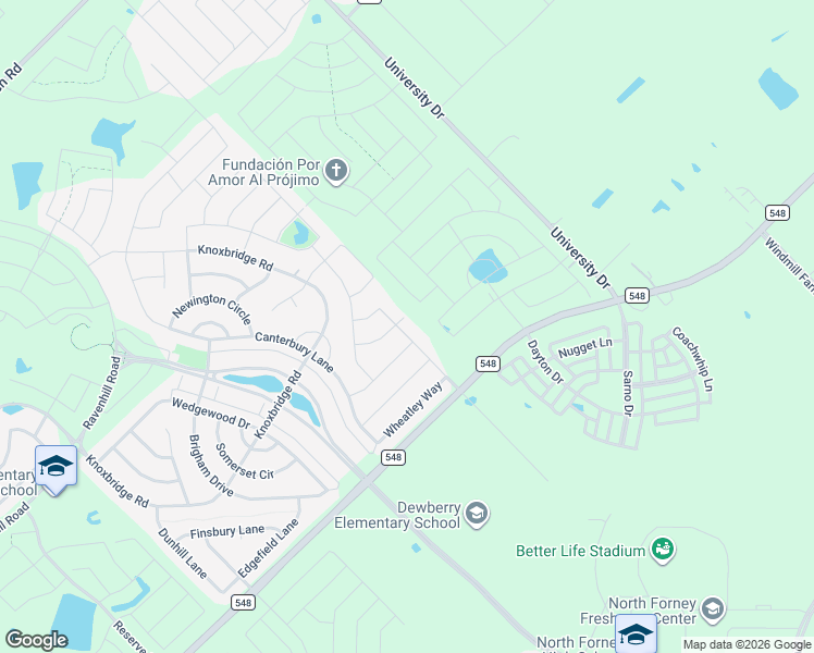 map of restaurants, bars, coffee shops, grocery stores, and more near 1115 Bantham Way in Forney