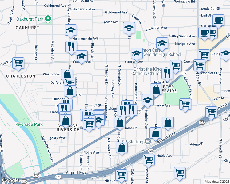 map of restaurants, bars, coffee shops, grocery stores, and more near 1021 North Riverside Drive in Fort Worth