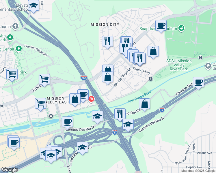 map of restaurants, bars, coffee shops, grocery stores, and more near 2202 River Run Drive in San Diego