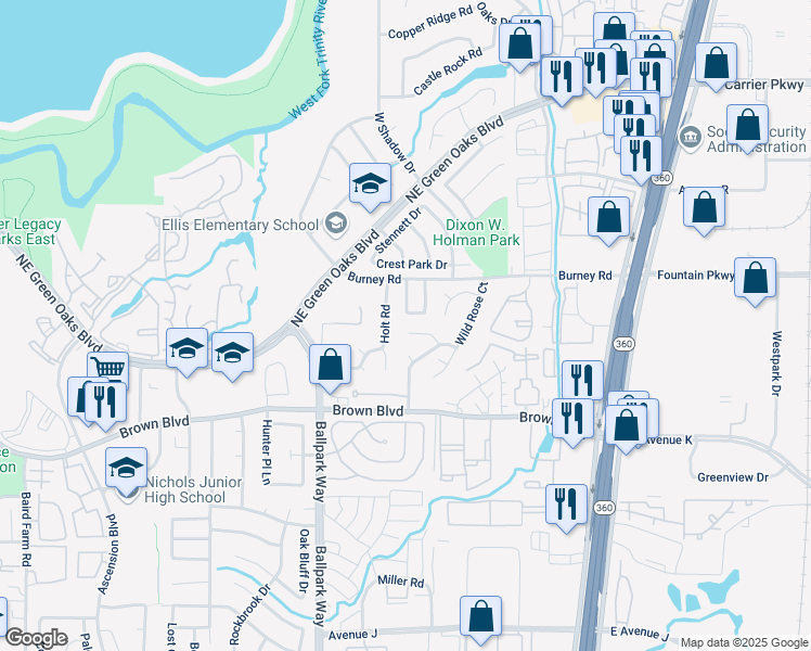 map of restaurants, bars, coffee shops, grocery stores, and more near 2519 Holt Road in Arlington