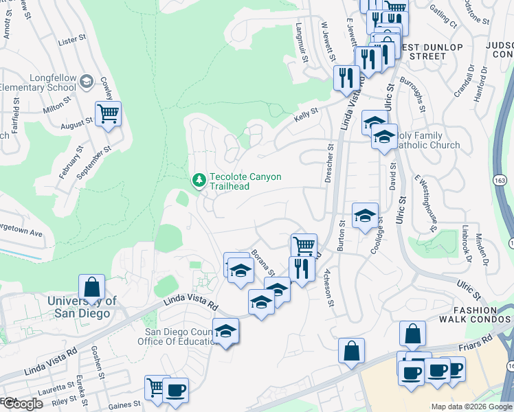 map of restaurants, bars, coffee shops, grocery stores, and more near 6516 Glidden Lane in San Diego