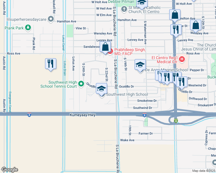 map of restaurants, bars, coffee shops, grocery stores, and more near 2001 Ocotillo Drive in El Centro
