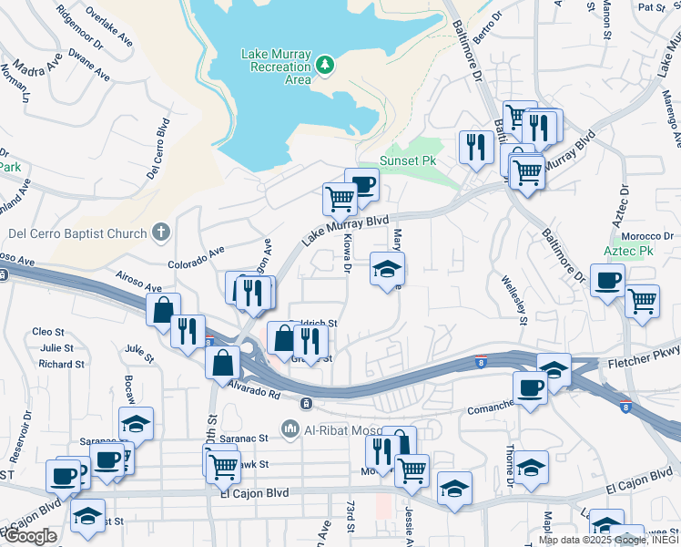 map of restaurants, bars, coffee shops, grocery stores, and more near 5450 Kiowa Drive in La Mesa