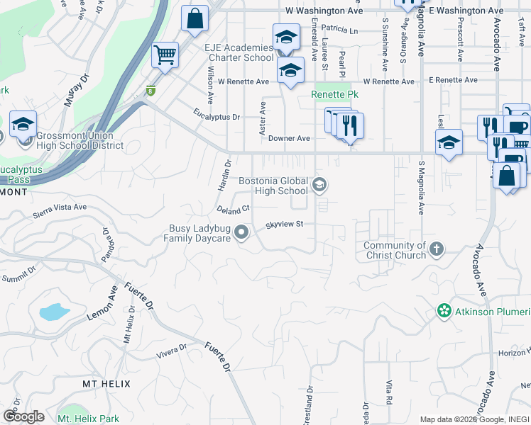 map of restaurants, bars, coffee shops, grocery stores, and more near 740 Deland Court in El Cajon