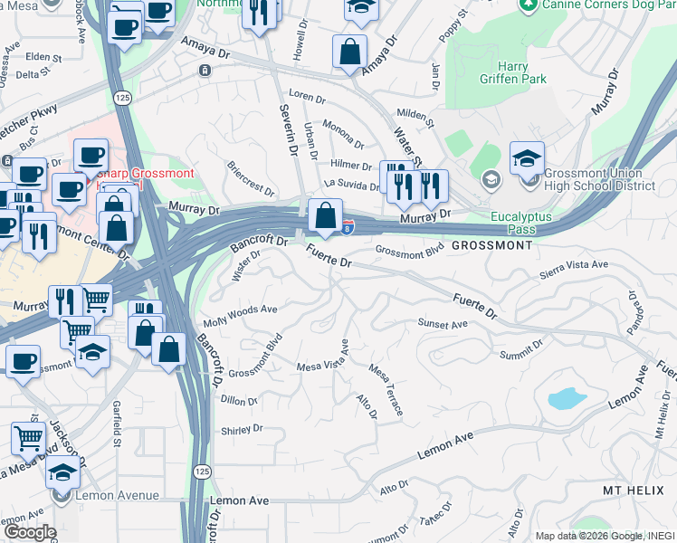 map of restaurants, bars, coffee shops, grocery stores, and more near 9402 Grossmont Boulevard in La Mesa
