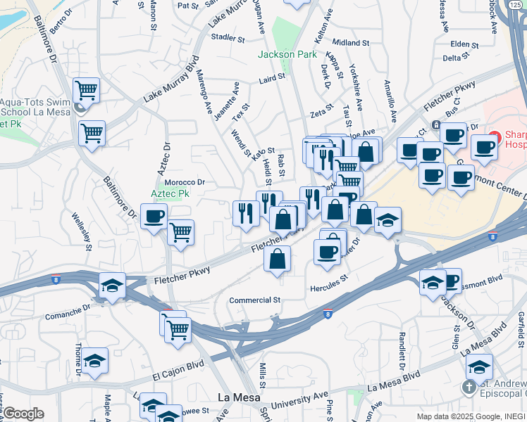 map of restaurants, bars, coffee shops, grocery stores, and more near 5439 Heidi Street in La Mesa