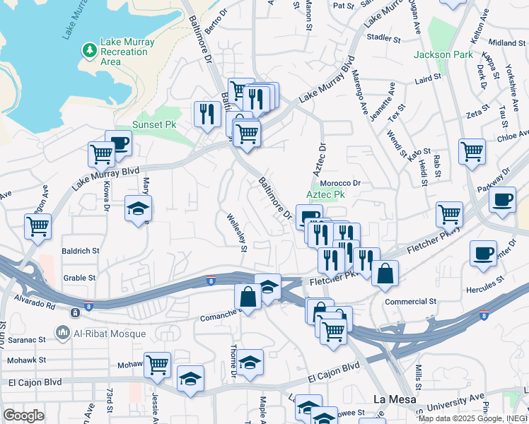 map of restaurants, bars, coffee shops, grocery stores, and more near 5440 Baltimore Drive in La Mesa
