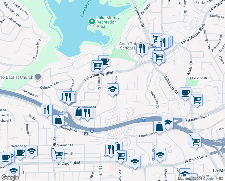 map of restaurants, bars, coffee shops, grocery stores, and more near 5433 Lake Murray Boulevard in La Mesa