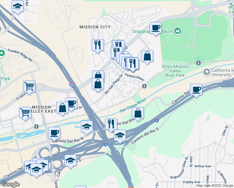 map of restaurants, bars, coffee shops, grocery stores, and more near 2212 Fenton Parkway in San Diego